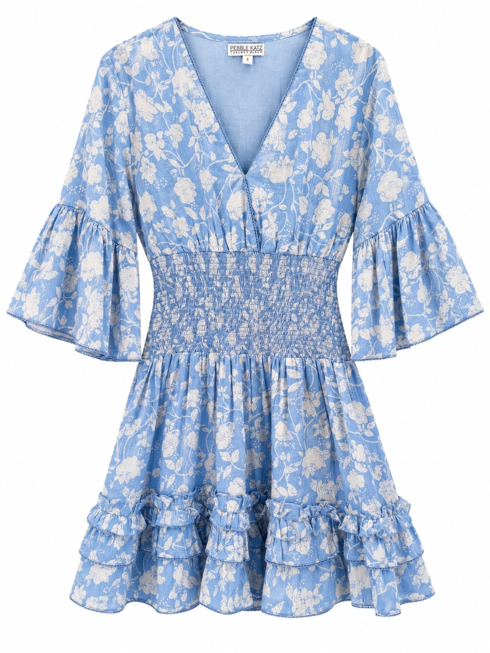 Peoneer Blue Floral V-Neck Smocked Mini Dress
